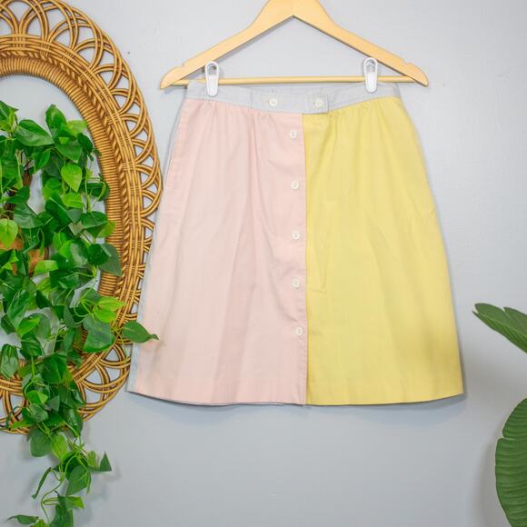 Vtg 14 Colorblock Skirt Pastel Pink Yellow Green Gray Pockets | Light Spring - Picture 1 of 7